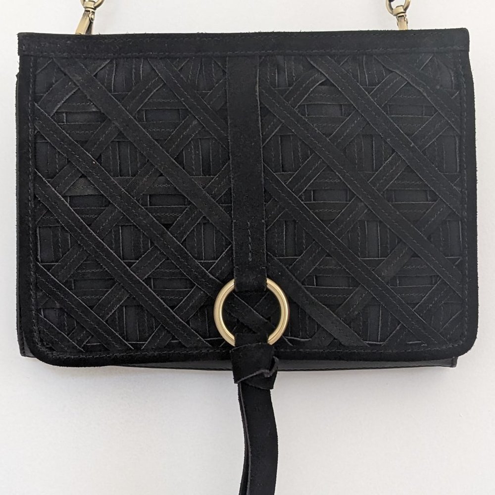 Nanette Lepore Black Suede Woven Leather Aspen III Clutch Crossbody Bag